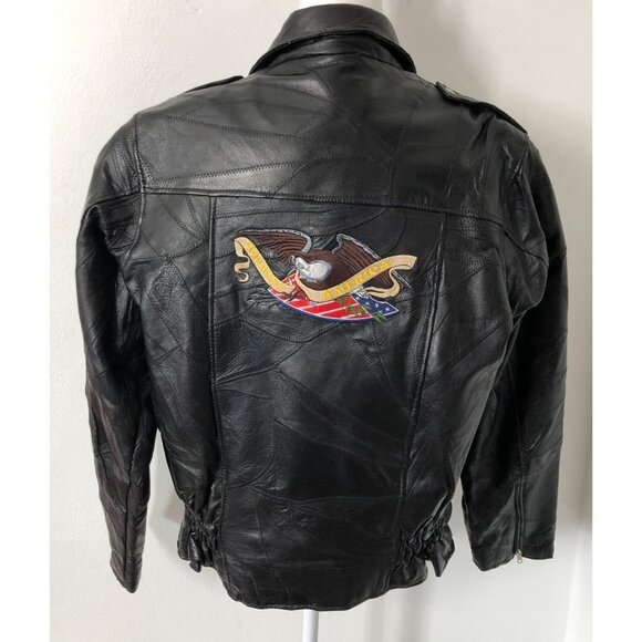 Leather Riding Jacket Mens Large Eagle Patch God Bless America Moto Vintage 80's - Picture 3 of 14